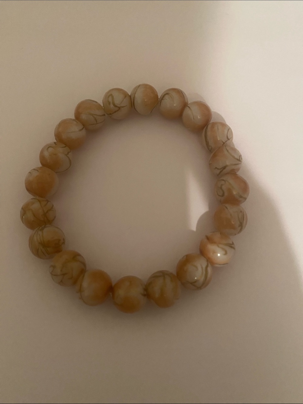 Hand Crafted Marbled Cream and Tan Stretch Bead Bracelet